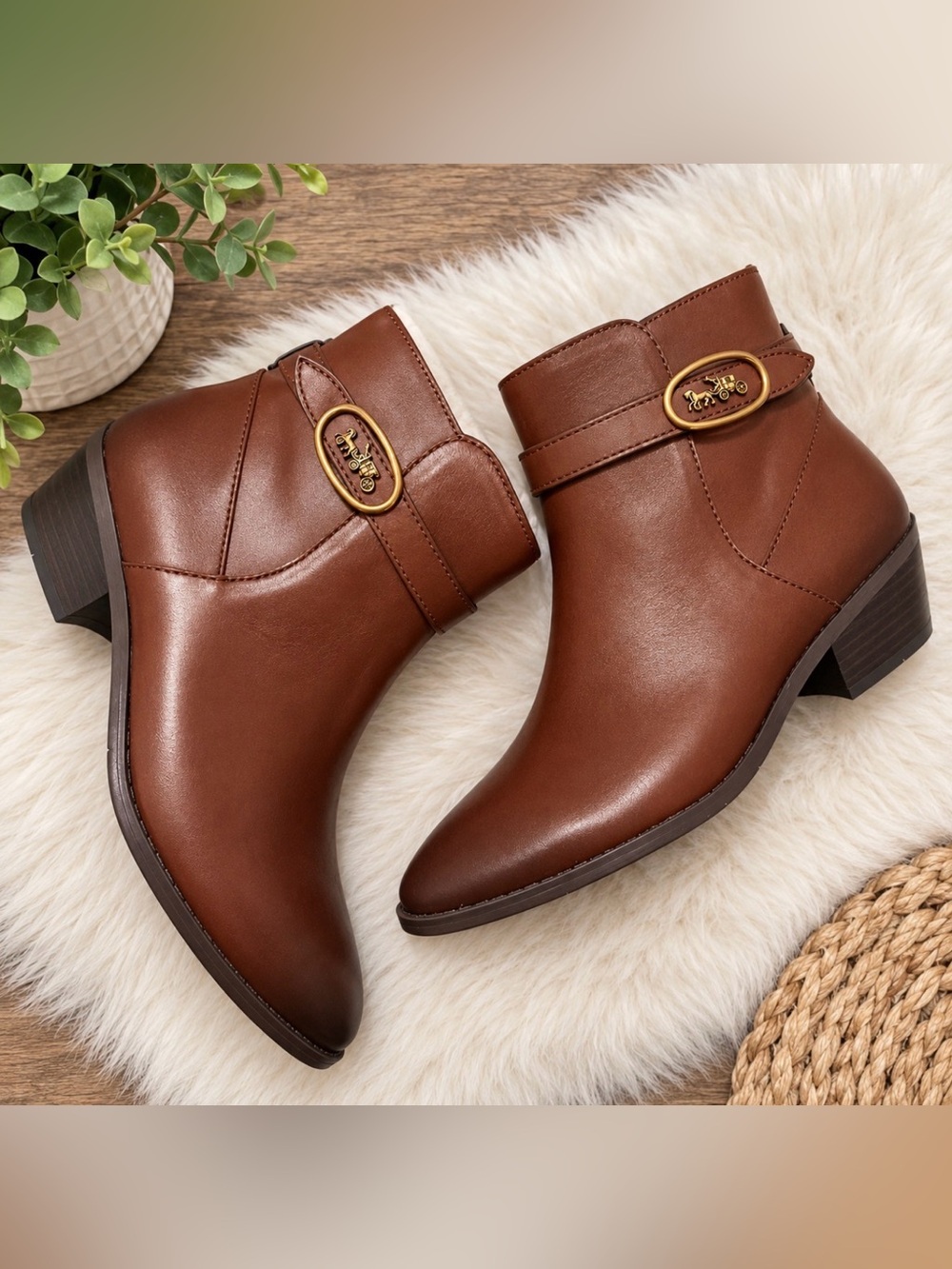 Coach Brown Leather Ankle Heeled Boots with Gold-Tone Emblem